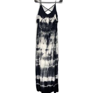 American Eagle Women's Tie Dye Maxi Dress Black & White Boho Ruffle Dress Size L